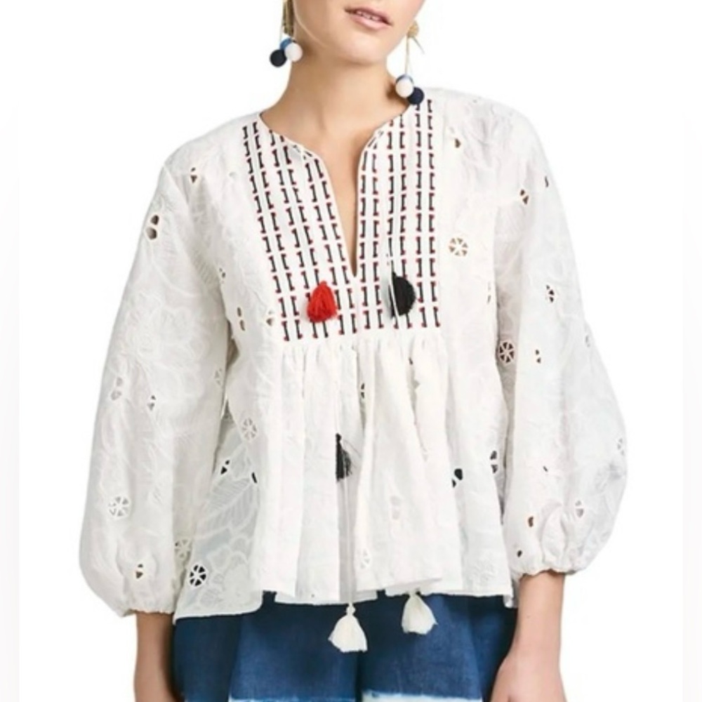 SACHIN + BABI cotton popover BOHO lace top LONG SLEEVE Anthropologie SMALL white
